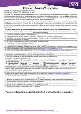 Ciclosporin Capsules/Oral Solution ESCA: for the Treatment of Psoriasis / Atopic Dermatitis AREAS of RESPONSIBILITY for the SHARING of CARE