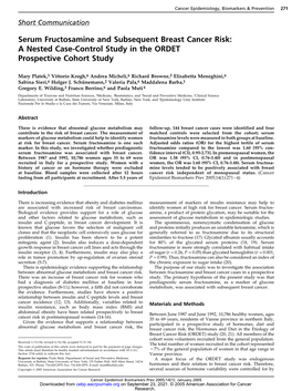 Serum Fructosamine and Subsequent Breast Cancer Risk: a Nested Case-Control Study in the ORDET Prospective Cohort Study