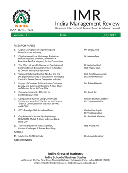 Indira Management Review (IMR) (Bi-Annual International Research and Academic Journal)