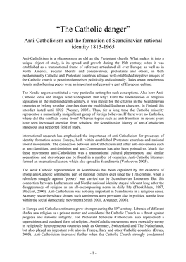 “The Catholic Danger” Anti-Catholicism and the Formation of Scandinavian National Identity 1815-1965
