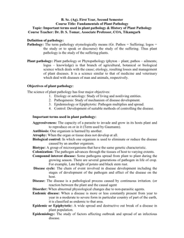 Fundamentals of Plant Pathology Topic: Important Terms Used in Plant Pathology & History of Plant Pathology Course Teacher: Dr