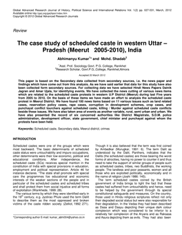 The Case Study of Scheduled Caste in Western Uttar – Pradesh (Meerut 2005-2010), India