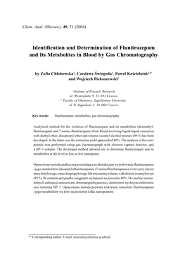 Identification and Determination of Flunitrazepam and Its Metabolites in Blood by Gas Chromatography