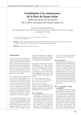 Contribution À La Connaissance De La Flore De Haute-Saône Matériaux Pour Un Inventaire De La Flore Vasculaire De Haute-Saône (2)