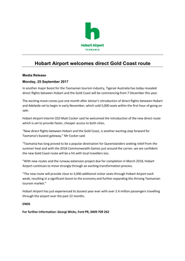 Hobart Airport Welcomes Direct Gold Coast Route