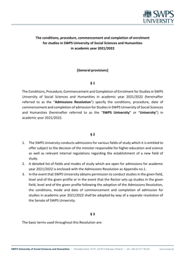 The Conditions, Procedure, Commencement and Completion of Enrolment for Studies in SWPS University of Social Sciences and Humanities in Academic Year 2021/2022