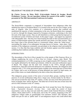 RELIGION at the EDGE of ETHNIC IDENTITY by Clarice Novaes Da Mota, Ph.D. (Universidade Federal De Sergipe, Brazil) Preliminary V