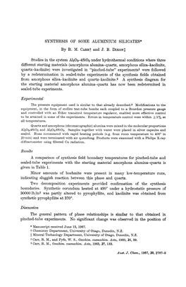 SYNTHESIS of SOME ALUMINIUM SILICATES* by R. M. CARR~ And