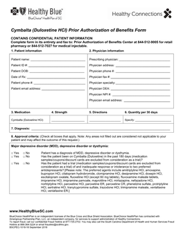 Cymbalta (Duloxetine Hcl) Prior Authorization of Benefits Form