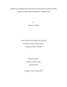 Chemical and Biological Recovery of Killarney Park, Ontario