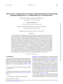 The Prevalence and Rationale for Presenting an Opposing Viewpoint in Climate Change Reporting: Findings from a U.S