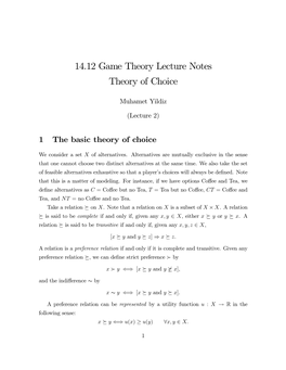 14.12 Game Theory Lecture Notes Theory of Choice