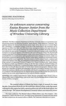 An Unknown Source Concerning Esaias Reusner Junior from the Music Collection Department of Wroclaw University Library