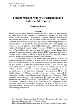 Punjab Muslim Students Federation and Pakistan Movement