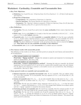 Worksheet: Cardinality, Countable and Uncountable Sets