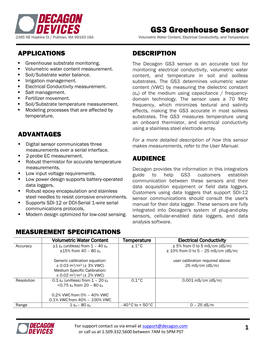 GS3 Greenhouse Sensor 2365 NE Hopkins Ct / Pullman, WA 99163 USA Volumetric Water Content, Electrical Conductivity, and Temperature