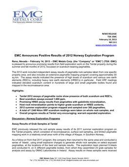 NEWS RELEASE TSX: EMC February 14, 2013 NR 13-5