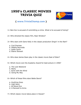 1950'S CLASSIC MOVIES TRIVIA QUIZ