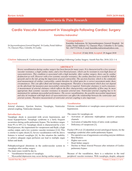Cardio Vascular Assessment in Vasoplegia Following Cardiac Surgery Kanishka Indraratna*