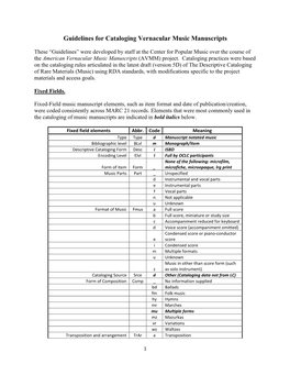 Guidelines for Cataloging Vernacular Music Manuscripts