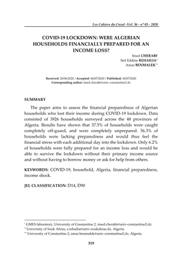 COVID-19 LOCKDOWN: WERE ALGERIAN HOUSEHOLDS FINANCIALLY PREPARED for an INCOME LOSS? Imed CHERABI* Seif Eddine REHAILIA** Amar BENMALEK***