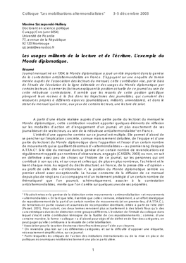 Les Usages Militants De La Lecture Et De L'écriture. L'exemple Du Monde Diplomatique