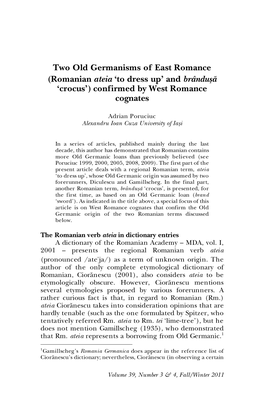 Two Old Germanisms of East Romance (Romanian Ateia 'To Dress