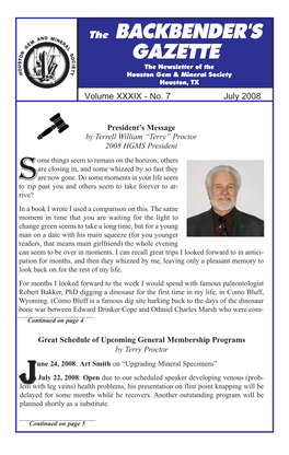 The BACKBENDER's GAZETTE the Newsletter of the Houston Gem & Mineral Society Houston, TX Volume XXXIX - No