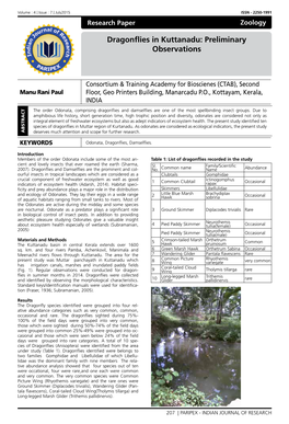 Dragonflies in Kuttanadu: Preliminary Observations