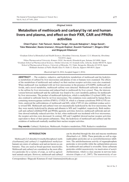 Metabolism of Methiocarb and Carbaryl by Rat and Human Livers and Plasma, and Effect on Their PXR, CAR and Pparα Activities