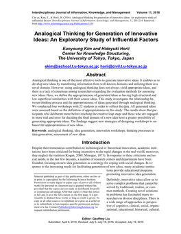 Analogical Thinking for Idea Generation to Some Extent, Everyone Uses Analogies As a Thinking Mechanism in Daily Life (Holyoak & Thagard, 1996)