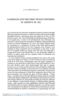 Garibaldi and the First Peace Congress in Geneva in 1867