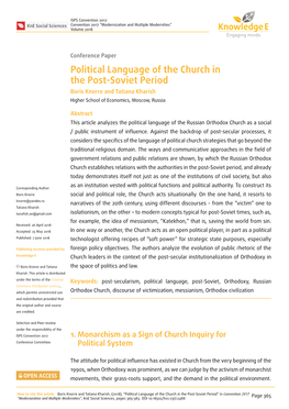 Political Language of the Church in the Post-Soviet Period Boris Knorre and Tatiana Kharish Higher School of Economics, Moscow, Russia