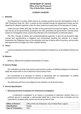 DEPARTMENT of JUSTICE Office of the City Prosecutor City of Santa Rosa, Laguna