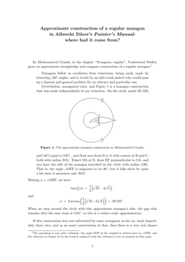 Approximate Construction of a Regular Nonagon in Albrecht Dürer's ``Painter's Manual''