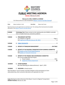 PUBLIC MEETING AGENDA Version: February 19, 2021