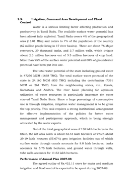 2.9. Irrigation, Command Area Development and Flood Control Water Is a Serious Limiting Factor Affecting Production and Productivity in Tamil Nadu