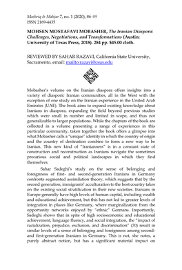 MOHSEN MOSTAFAVI MOBASHER, the Iranian Diaspora: Challenges, Negotiations, and Transformations (Austin: University of Texas Press, 2018)