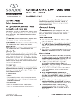 Cordless Chain Saw – Core Tool 48-Volt Max* | 16-Inch Operator’S Manual