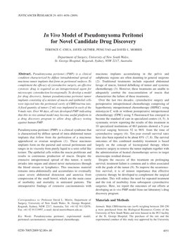 In Vivo Model of Pseudomyxoma Peritonei for Novel Candidate Drug Discovery