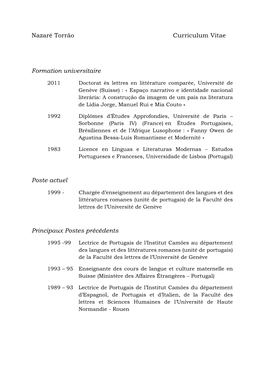 Nazaré Torrão Curriculum Vitae Formation Universitaire Poste Actuel Principaux Postes Précédents