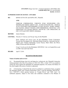 Kings Auto Ltd. V. Torstar Corporation, 2018 ONSC 2451 COURT FILE NO.: CV-16-551919CP DATE: 20180418