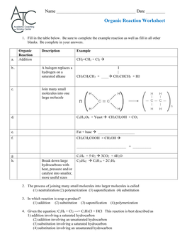 Organic Reaction Worksheet