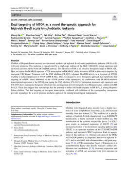 Dual Targeting of MTOR As a Novel Therapeutic Approach for High-Risk B-Cell Acute Lymphoblastic Leukemia