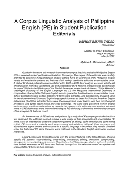 A Corpus Linguistic Analysis of Philippine English (PE) in Student Publication Editorials