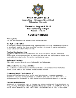 OMSA AUCTION 2013 Thursday, August 8, 2013 AUCTION RULES