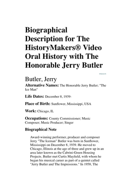 Biographical Description for the Historymakers® Video Oral History with the Honorable Jerry Butler