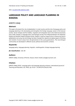 Language Policy and Language Planning in Kosova