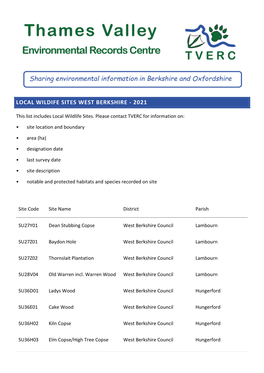 Local Wildife Sites West Berkshire - 2021