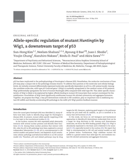 Allele-Specific Regulation of Mutant Huntingtin by Wig1, a Downstream